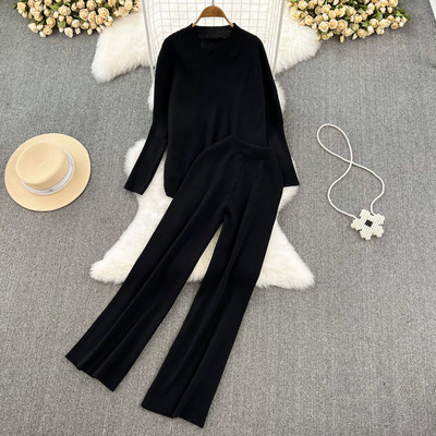 Modna jednobojna ženska odijela Labavi džemper s V-izrezom dugih rukava Dvodijelni kompleti Ležerni ravni pleteni kompleti širokih nogavica visokog struka