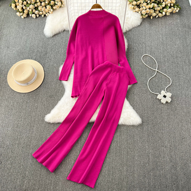 Modna jednobojna ženska odijela Labavi džemper s V-izrezom dugih rukava Dvodijelni kompleti Ležerni ravni pleteni kompleti širokih nogavica visokog struka