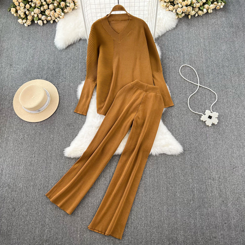 Modna jednobojna ženska odijela Labavi džemper s V-izrezom dugih rukava Dvodijelni kompleti Ležerni ravni pleteni kompleti širokih nogavica visokog struka