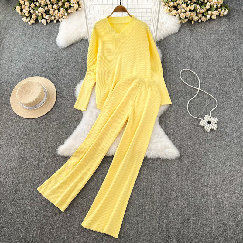 Modna jednobojna ženska odijela Labavi džemper s V-izrezom dugih rukava Dvodijelni kompleti Ležerni ravni pleteni kompleti širokih nogavica visokog struka