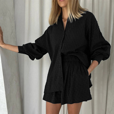 Casual χαλαρά βαμβακερά γυναικεία κοστούμια Μακρυμάνικα πουκάμισα μπλούζες με φαρδύ σορτς 2 τεμαχίων Fashion Chic Hollow πιτζάμες