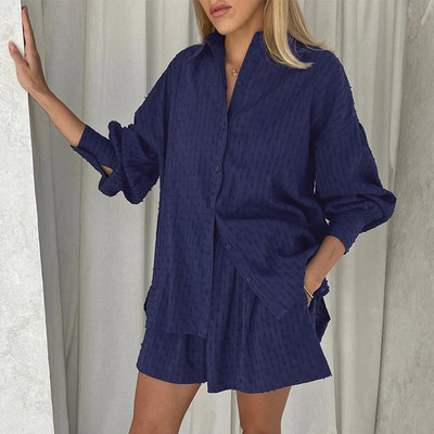 Casual χαλαρά βαμβακερά γυναικεία κοστούμια Μακρυμάνικα πουκάμισα μπλούζες με φαρδύ σορτς 2 τεμαχίων Fashion Chic Hollow πιτζάμες