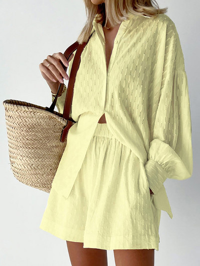 Casual χαλαρά βαμβακερά γυναικεία κοστούμια Μακρυμάνικα πουκάμισα μπλούζες με φαρδύ σορτς 2 τεμαχίων Fashion Chic Hollow πιτζάμες