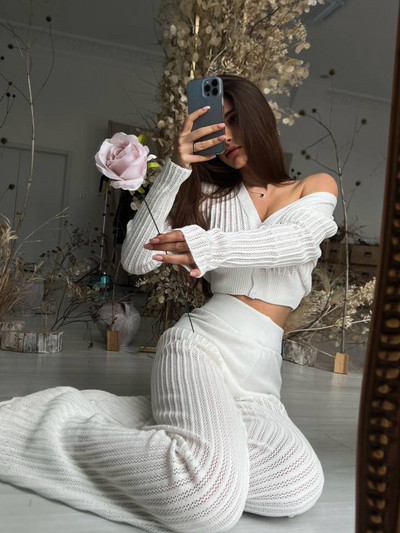 Ljetni novi pleteni set hlača Ženski ležerni jednobojni, šuplji gornji dio dugih rukava Dvodijelni set za ženske hlače