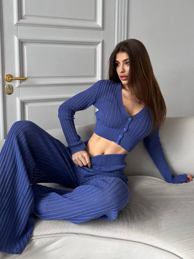 Ljetni novi pleteni set hlača Ženski ležerni jednobojni, šuplji gornji dio dugih rukava Dvodijelni set za ženske hlače