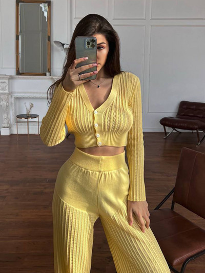 Ljetni novi pleteni set hlača Ženski ležerni jednobojni, šuplji gornji dio dugih rukava Dvodijelni set za ženske hlače