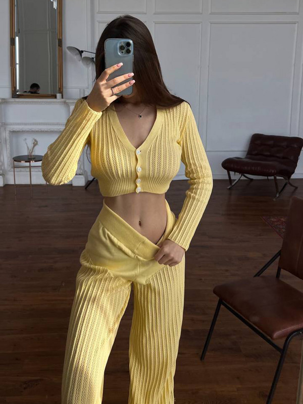 Ljetni novi pleteni set hlača Ženski ležerni jednobojni, šuplji gornji dio dugih rukava Dvodijelni set za ženske hlače