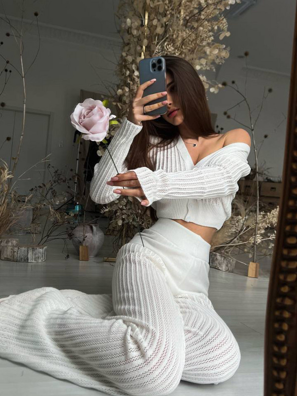 Ljetni novi pleteni set hlača Ženski ležerni jednobojni, šuplji gornji dio dugih rukava Dvodijelni set za ženske hlače