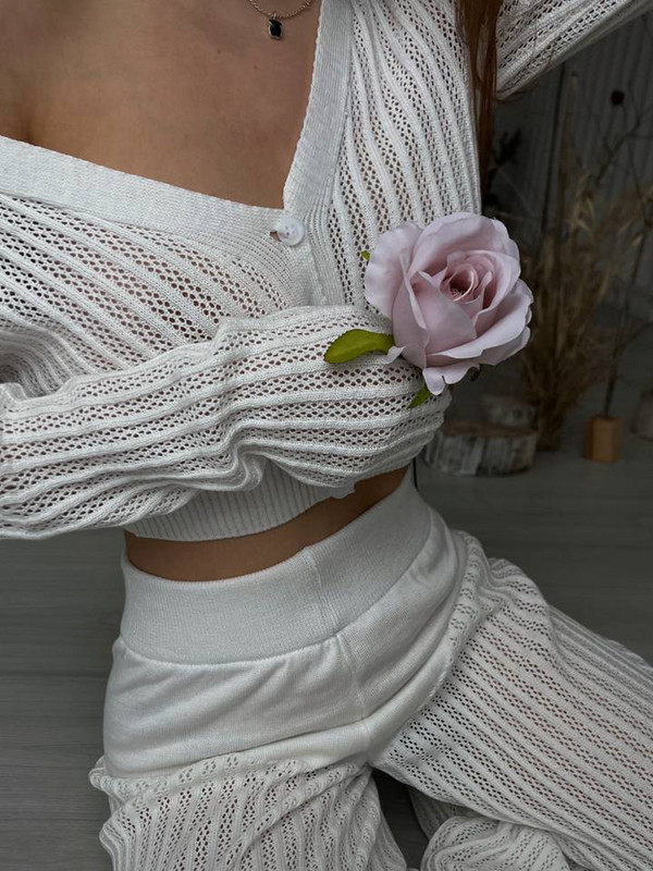 Ljetni novi pleteni set hlača Ženski ležerni jednobojni, šuplji gornji dio dugih rukava Dvodijelni set za ženske hlače