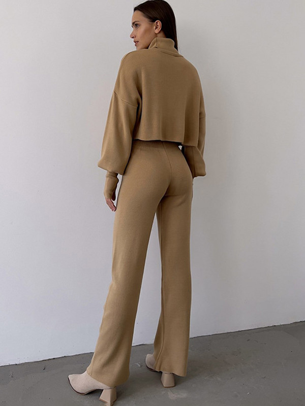 2022. aasta naiste kilpkaelusega kootud kostüüm, lühike pullover ja elastsed kõrge vöökohaga pükskostüümid, sügistalvised šikid kaheosalised komplektid