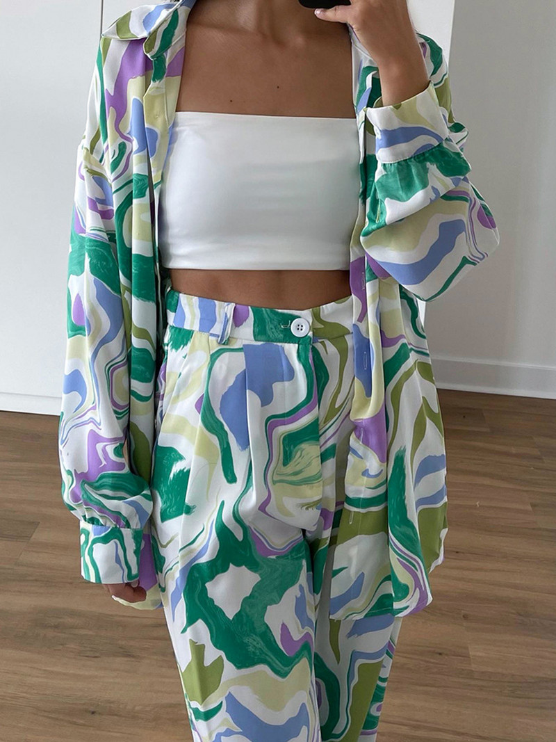 Moeprinteriga pükskostüüm Kevadsügis Mood Tänavanaiste komplektid Laia säärega püksid Pendelkäivad vabaaja särgid Kaheosaline komplekt