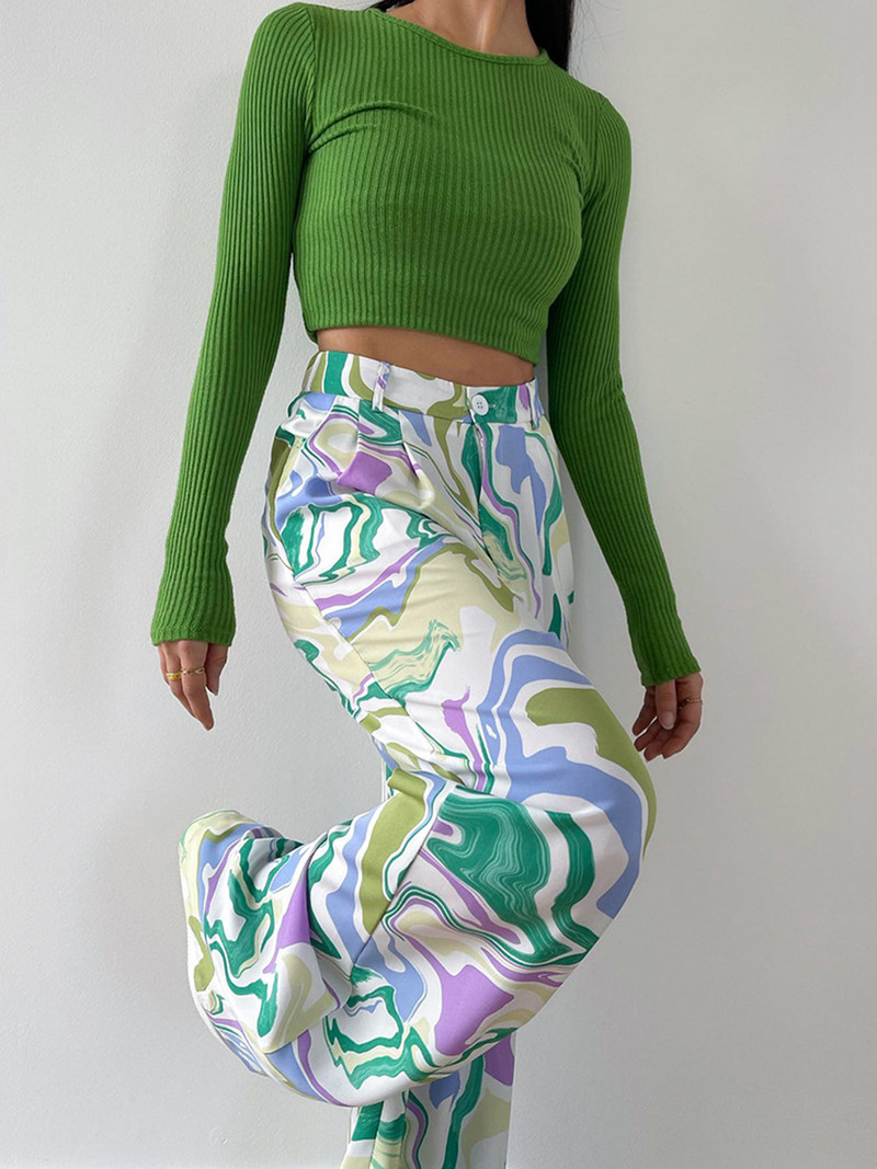 Moeprinteriga pükskostüüm Kevadsügis Mood Tänavanaiste komplektid Laia säärega püksid Pendelkäivad vabaaja särgid Kaheosaline komplekt