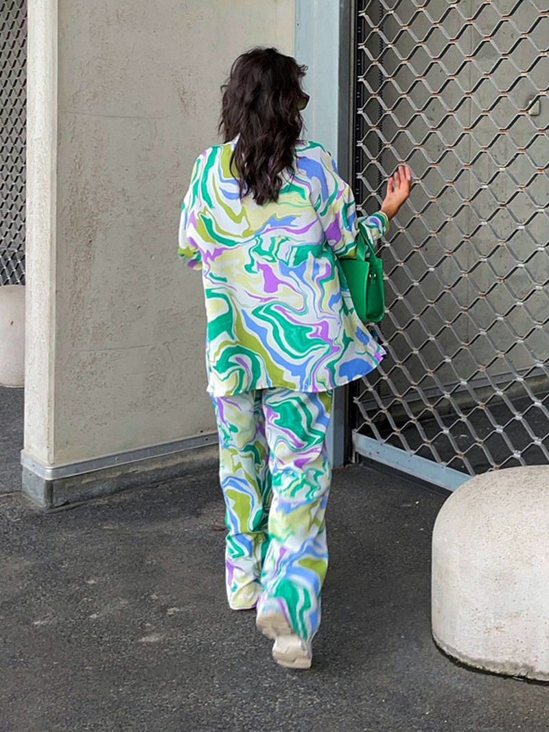 Moeprinteriga pükskostüüm Kevadsügis Mood Tänavanaiste komplektid Laia säärega püksid Pendelkäivad vabaaja särgid Kaheosaline komplekt