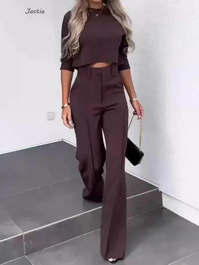 Mood vabaaja kõrge vöökohaga laia sääre pükstekomplektid, kolmveerand varrukatega püksid, naiste ülikond, sügiskevadine kontorirõivad, 2-osaline komplekt