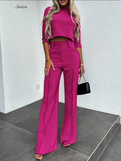 Mood vabaaja kõrge vöökohaga laia sääre pükstekomplektid, kolmveerand varrukatega püksid, naiste ülikond, sügiskevadine kontorirõivad, 2-osaline komplekt