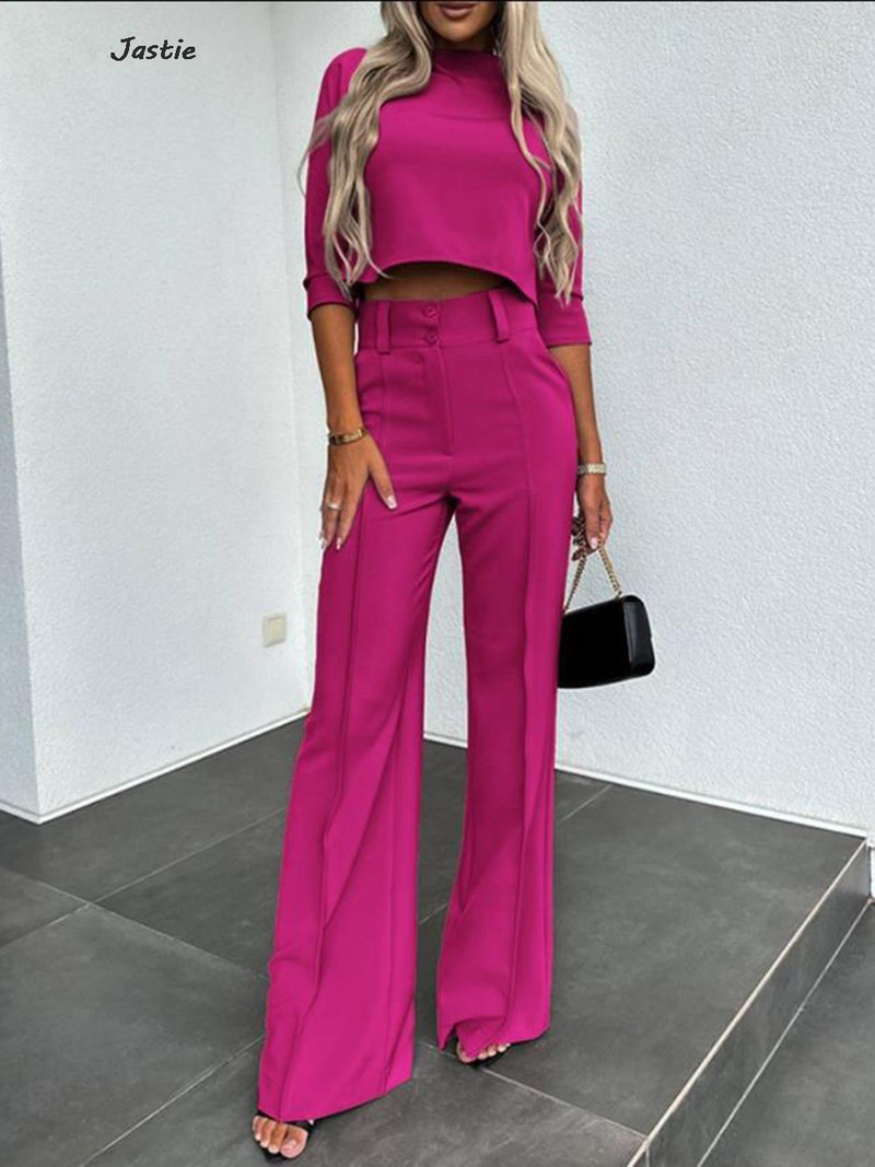 Mood vabaaja kõrge vöökohaga laia sääre pükstekomplektid, kolmveerand varrukatega püksid, naiste ülikond, sügiskevadine kontorirõivad, 2-osaline komplekt