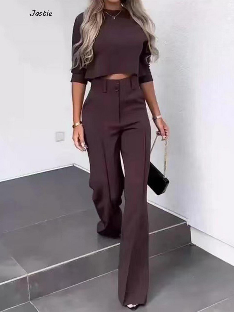 Mood vabaaja kõrge vöökohaga laia sääre pükstekomplektid, kolmveerand varrukatega püksid, naiste ülikond, sügiskevadine kontorirõivad, 2-osaline komplekt