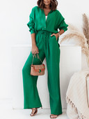 Kõrge vöökohaga laia LED-pükstekomplekt, pikkade varrukatega revääriga särgid, vabad püksid, kaheosaline komplekt vabaaja puuvillane kevadsuvine kostüüm naiste varustus