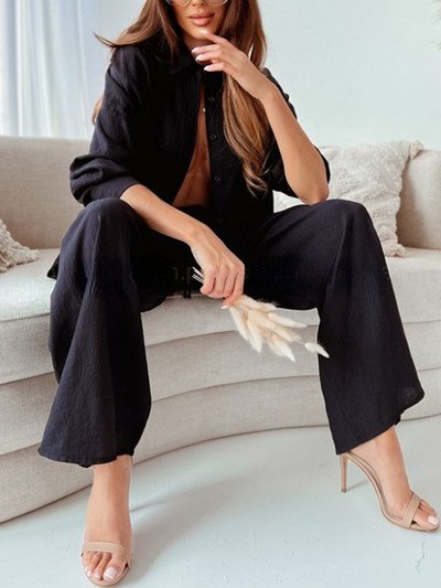 Kõrge vöökohaga laia LED-pükstekomplekt, pikkade varrukatega revääriga särgid, vabad püksid, kaheosaline komplekt vabaaja puuvillane kevadsuvine kostüüm naiste varustus