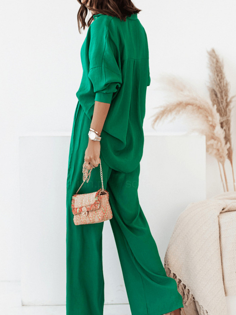 Kõrge vöökohaga laia LED-pükstekomplekt, pikkade varrukatega revääriga särgid, vabad püksid, kaheosaline komplekt vabaaja puuvillane kevadsuvine kostüüm naiste varustus