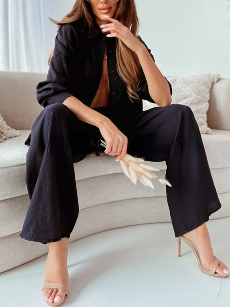 Kõrge vöökohaga laia LED-pükstekomplekt, pikkade varrukatega revääriga särgid, vabad püksid, kaheosaline komplekt vabaaja puuvillane kevadsuvine kostüüm naiste varustus