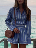 Pamučne prugaste plave košulje Kratke hlače Kompleti od 2 komada Ženska odjeća Ležerna bluza dugih rukava s dugmićima Kompleti kratkih hlačica Odijelo Moda