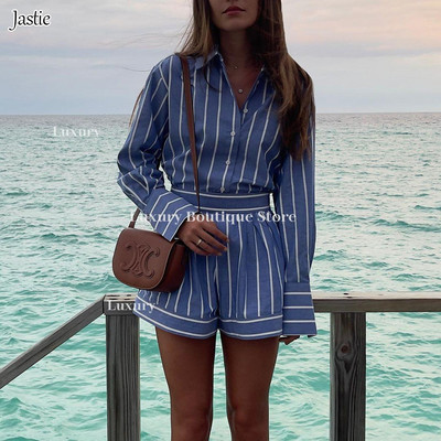 Pamučne prugaste plave košulje Kratke hlače Kompleti od 2 komada Ženska odjeća Ležerna bluza dugih rukava s dugmićima Kompleti kratkih hlačica Odijelo Moda