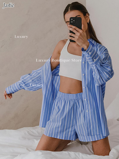 Pamučne prugaste plave košulje Kratke hlače Kompleti od 2 komada Ženska odjeća Ležerna bluza dugih rukava s dugmićima Kompleti kratkih hlačica Odijelo Moda