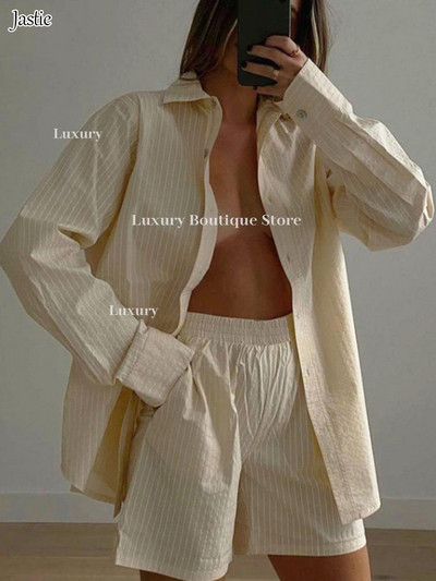 Pamučne prugaste plave košulje Kratke hlače Kompleti od 2 komada Ženska odjeća Ležerna bluza dugih rukava s dugmićima Kompleti kratkih hlačica Odijelo Moda