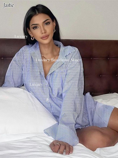 Pamučne prugaste plave košulje Kratke hlače Kompleti od 2 komada Ženska odjeća Ležerna bluza dugih rukava s dugmićima Kompleti kratkih hlačica Odijelo Moda