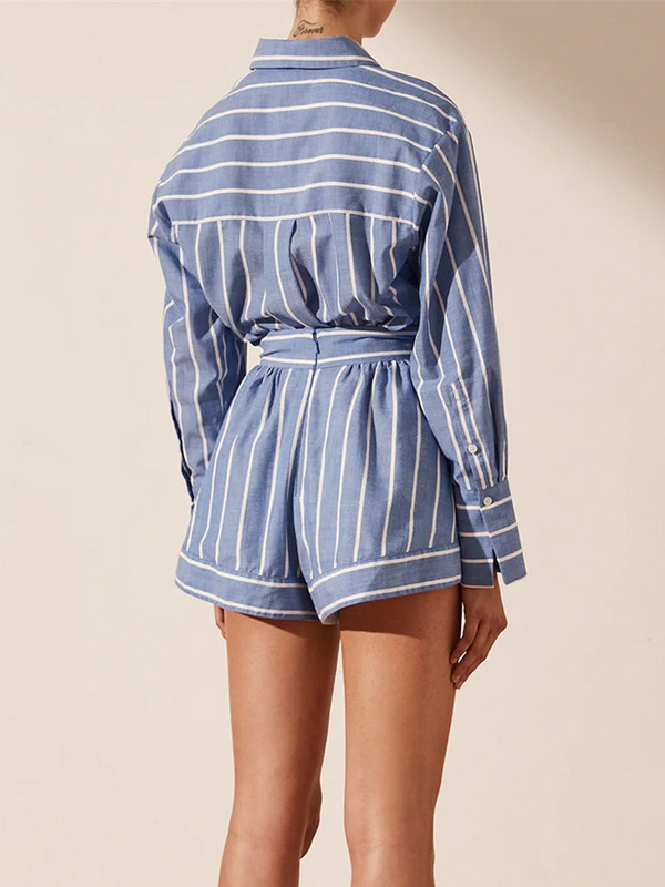 Pamučne prugaste plave košulje Kratke hlače Kompleti od 2 komada Ženska odjeća Ležerna bluza dugih rukava s dugmićima Kompleti kratkih hlačica Odijelo Moda
