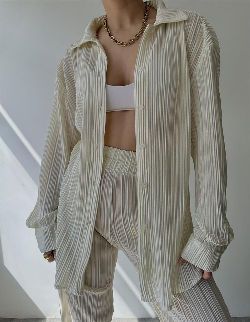 Sügisene uus ühevärviline plisseeritud pikkade varrukatega särk Kõrge vöökohaga püksid kaheosaline komplekt Naiste vabaaja püksid 2-osaline komplekt