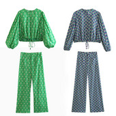 Ljeto 2023. Novi ženski set dugih hlača Ženska modna košulja s printom na stezajuće uže, ravnih džepova, dvodijelni set hlača Ženski