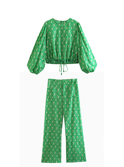 Ljeto 2023. Novi ženski set dugih hlača Ženska modna košulja s printom na stezajuće uže, ravnih džepova, dvodijelni set hlača Ženski