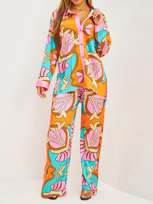 Široka etnička ženska odijela s printom, jednoredne košulje s hlačama širokih nogavica, ležerni kompleti, modni dvodijelni kompleti hlača visokog struka