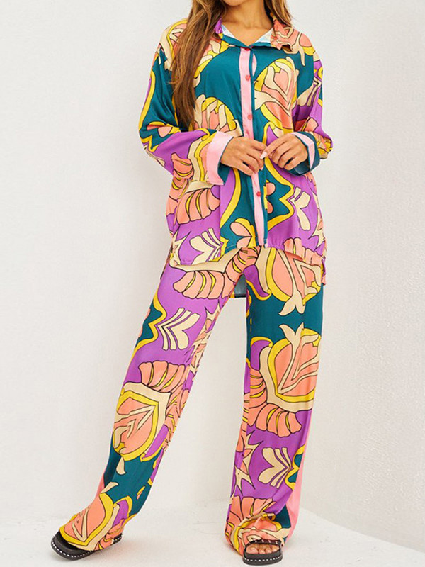 Široka etnička ženska odijela s printom, jednoredne košulje s hlačama širokih nogavica, ležerni kompleti, modni dvodijelni kompleti hlača visokog struka