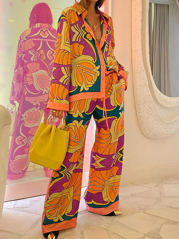 Široka etnička ženska odijela s printom, jednoredne košulje s hlačama širokih nogavica, ležerni kompleti, modni dvodijelni kompleti hlača visokog struka