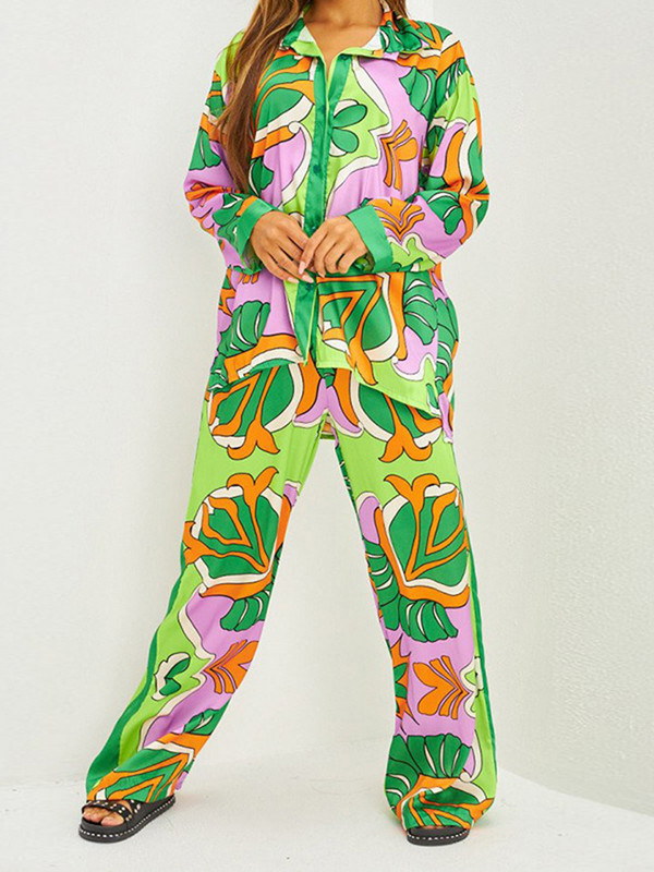 Široka etnička ženska odijela s printom, jednoredne košulje s hlačama širokih nogavica, ležerni kompleti, modni dvodijelni kompleti hlača visokog struka