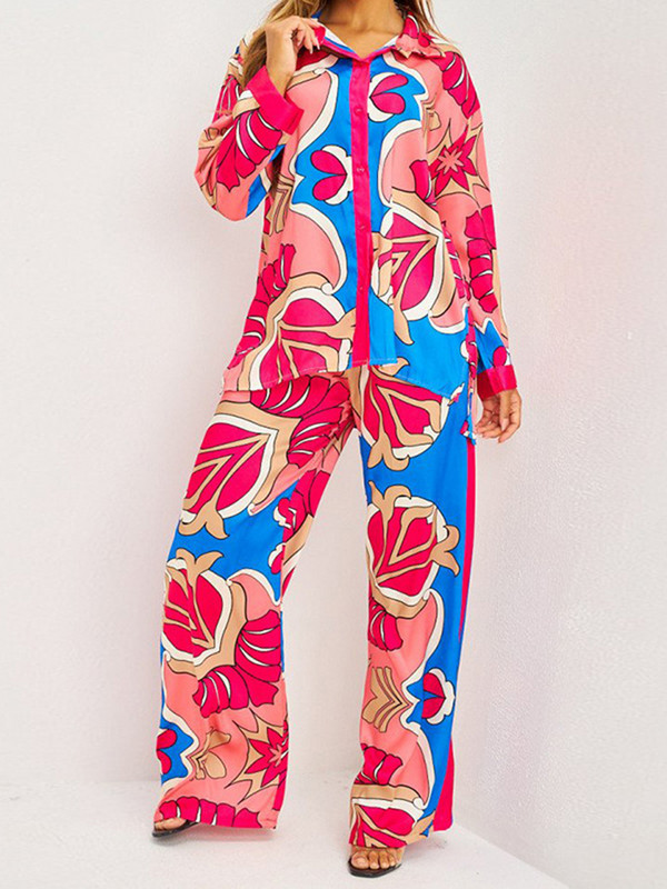 Široka etnička ženska odijela s printom, jednoredne košulje s hlačama širokih nogavica, ležerni kompleti, modni dvodijelni kompleti hlača visokog struka