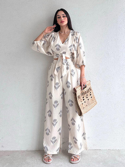 Ženske hlače s ležernim printom proljeće jesen 2023. Elegantna majica s lanternastim rukavima s V izrezom Široke dvodijelne hlače širokih nogavica 2023.