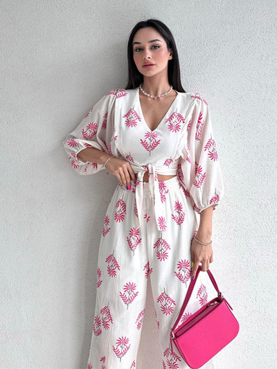 Ženske hlače s ležernim printom proljeće jesen 2023. Elegantna majica s lanternastim rukavima s V izrezom Široke dvodijelne hlače širokih nogavica 2023.