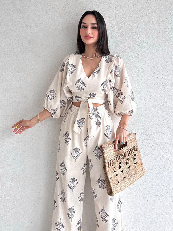 Ženske hlače s ležernim printom proljeće jesen 2023. Elegantna majica s lanternastim rukavima s V izrezom Široke dvodijelne hlače širokih nogavica 2023.