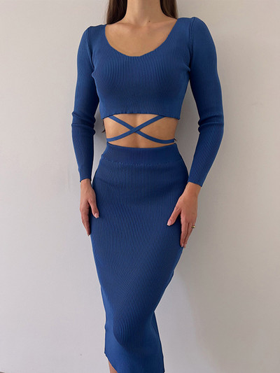 Sügistalvised seksikad õhukesed kaheosalised pikkade varrukatega ja kaelusega topid Midi-seelikuga Naistele Moodsad pitsilised Solid Bodycon komplektid naistele