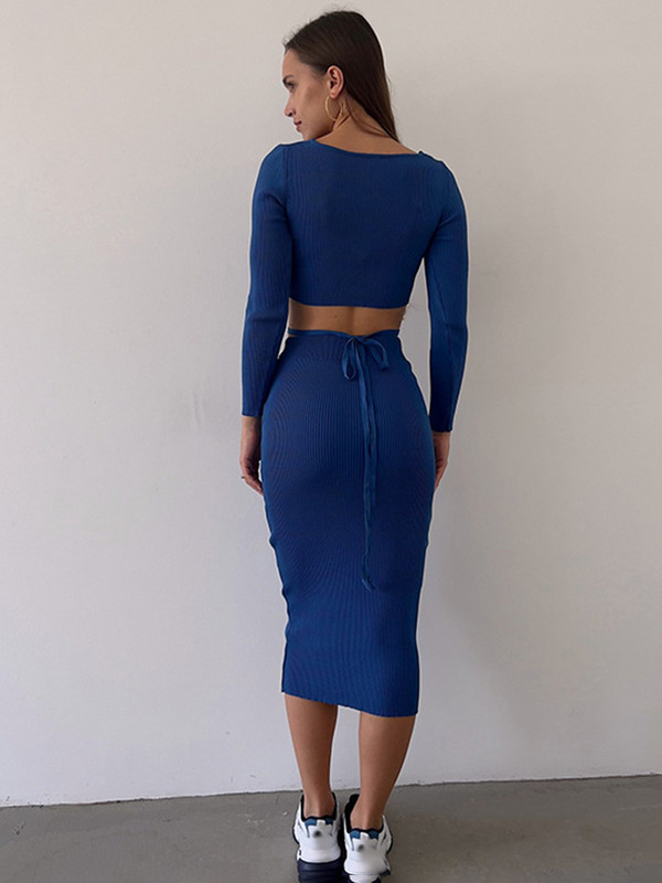 Sügistalvised seksikad õhukesed kaheosalised pikkade varrukatega ja kaelusega topid Midi-seelikuga Naistele Moodsad pitsilised Solid Bodycon komplektid naistele