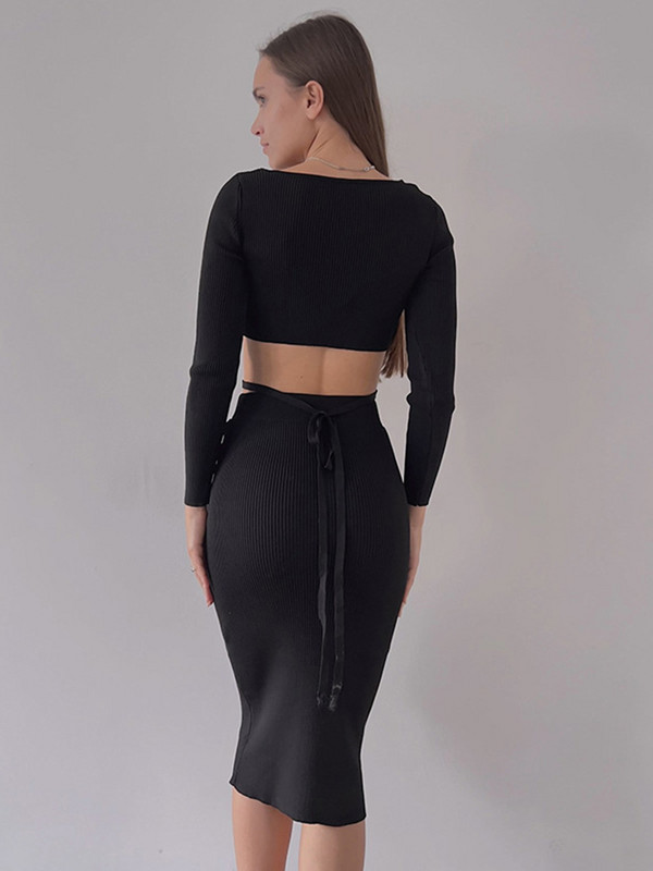 Sügistalvised seksikad õhukesed kaheosalised pikkade varrukatega ja kaelusega topid Midi-seelikuga Naistele Moodsad pitsilised Solid Bodycon komplektid naistele