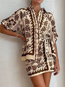 Ljetna modna košulja s printom 2023. Komplet od 2 komada široke ležerne košulje kratkih rukava Suknja visokog struka Dvodijelni set ženske kućne odjeće