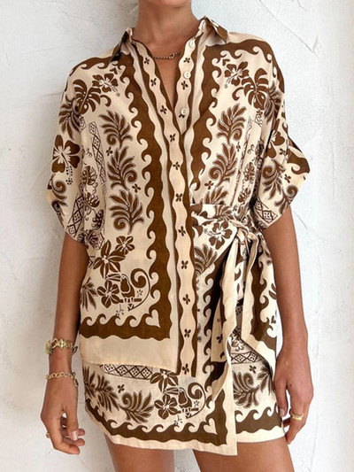 Ljetna modna košulja s printom 2023. Komplet od 2 komada široke ležerne košulje kratkih rukava Suknja visokog struka Dvodijelni set ženske kućne odjeće