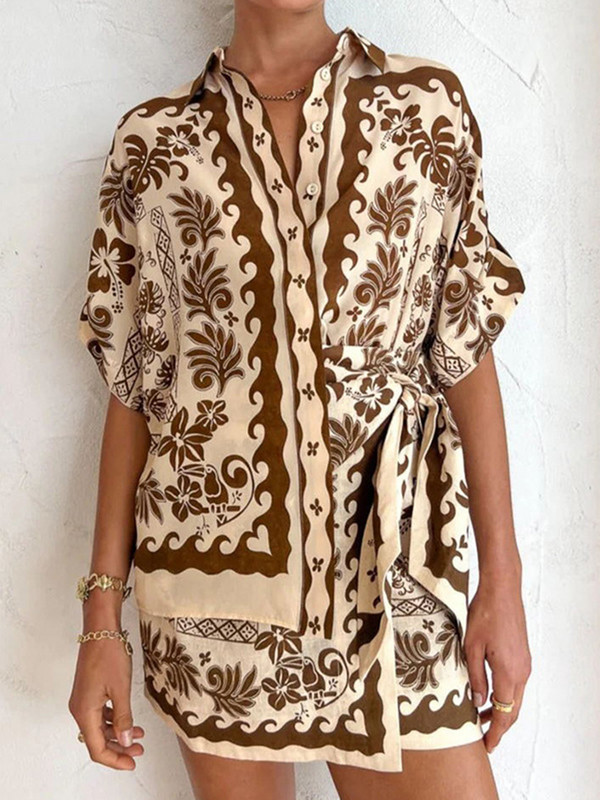 Ljetna modna košulja s printom 2023. Komplet od 2 komada široke ležerne košulje kratkih rukava Suknja visokog struka Dvodijelni set ženske kućne odjeće