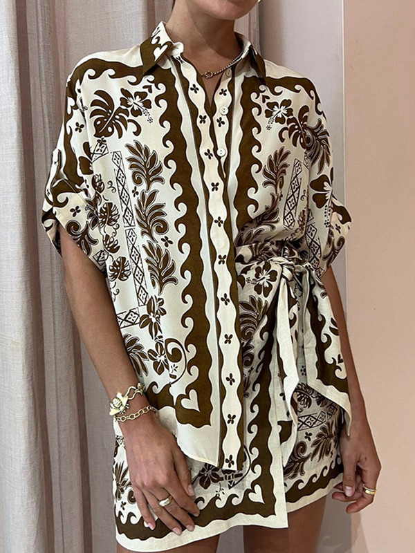 Ljetna modna košulja s printom 2023. Komplet od 2 komada široke ležerne košulje kratkih rukava Suknja visokog struka Dvodijelni set ženske kućne odjeće