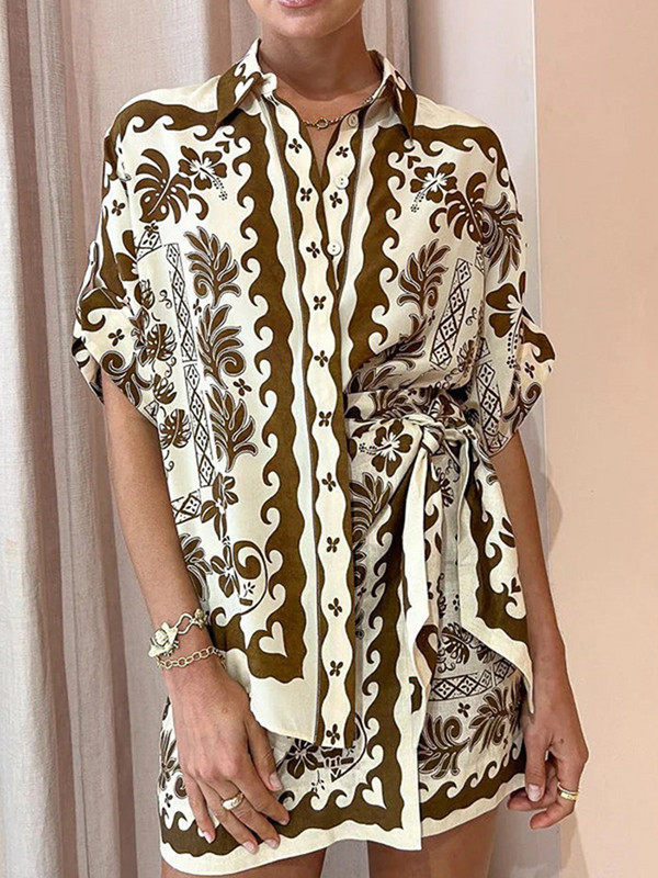 Ljetna modna košulja s printom 2023. Komplet od 2 komada široke ležerne košulje kratkih rukava Suknja visokog struka Dvodijelni set ženske kućne odjeće